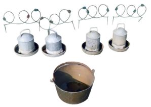 Four galvanized hanging feeders, lawn edging and a jam pan. (6)