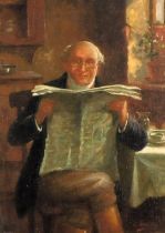 A Austin (19thC School). Gentleman reading in country kitchen, oil on canvas, signed, 34.5cm x 24cm,