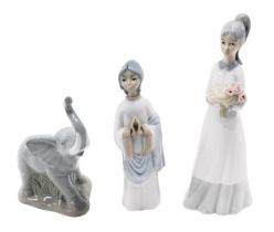 Spanish porcelain figures, comprising girl carrying group of roses, 25cm high, kneeling figure, 20cm