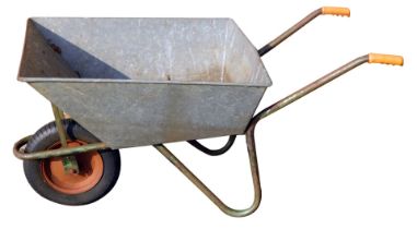 A galvanized wheelbarrow.