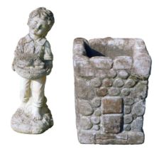 Two reconstituted stone garden ornaments, comprising a square set planter, 36cm high, 30cm x 30cm, a