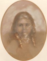 19thC School. Head and shoulders portrait of a young lady, pastel with highlight, indistinctly signe