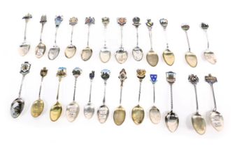 A group of silver and other souvenir spoons, each with enamel top, to include Durham Cathedral, Ely