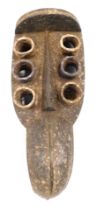 A Grebo (Krou) Maou six eyed warrior mask with fixed Jaw, Liberia, 50cm high.