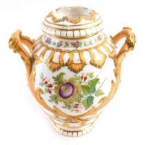 A mid 19thC English porcelain two handled potpourri jar and cover, painted with flower sprays, and w