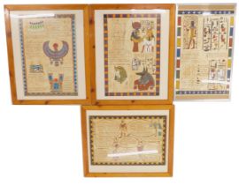 Four Egyptian papyrus paper prints, depicting Egyptian jewellery, paintings, and guides, three in pi
