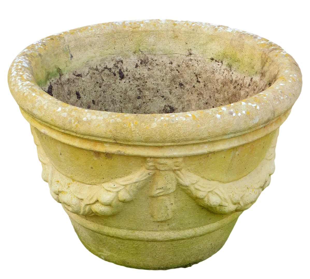 A reconstituted stone planter, with a moulded rim decorated with swags and flowers, 33cm high, 51cm