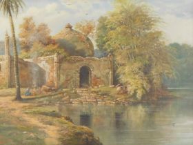 JH Blunt (20thC School). Temple ruins by river, signed and dated 1901, oil on canvas, 37.5cm x 49cm,