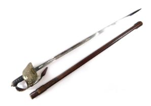 A 19thC sword, with curved wire bound handle, the blade with royal crest, with leather scabbard, 100