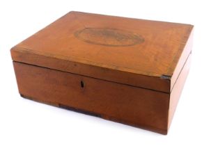 A 19thC satinwood and tulipwood work box, the top with oval inlay, 30cm wide.