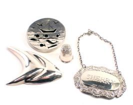 Silver jewellery etc, comprising a silver thimble, a George V silver sherry label, a ship design cir