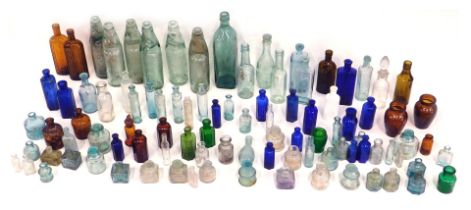 A large quantity of excavated glass bottles, to include mineral bottles, some brown, blue, inkwells,