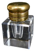 A Mont Blanc inkwell, with brass top, on square glass base, with logo and company name, 6.5cm high,