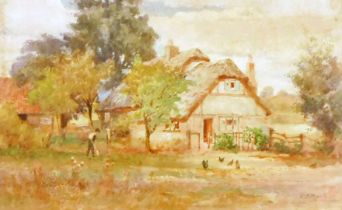 EH Marton (20thC School). Thatched cottage and farmyard watercolour, signed, 19cm x 31cm, framed.