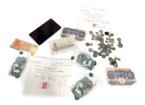 Coins and bank notes, comprising two Bank of England one pound notes, two Bank of England one pound