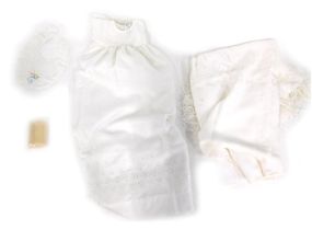 A Harrington's christening gown, shawl, imperial leather soap, etc.