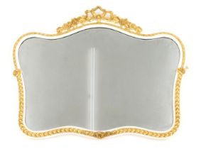 A cream and gilt painted wall mirror, of shaped and arched form, with rose and bow top, 78cm x 100cm