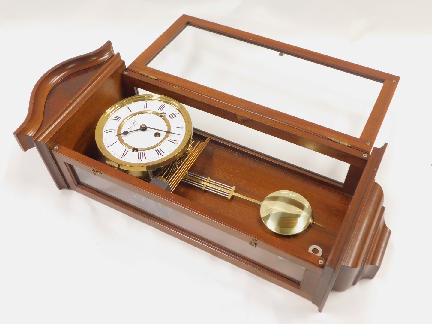 A Committee of London mahogany cased drop dial wall clock, with a white enamel Roman numeric dial, a - Image 3 of 4