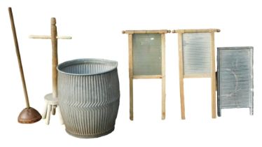 A galvanized dolly tub, zig zag decoration with moulded lip, with washboards, etc. 54cm high, and ac