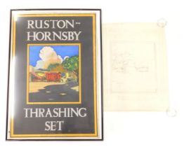 A painted Rushton Hornsby Thrashing set poster, with black ground and a yellow border, 98cm x 66cm.