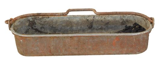 A galvanized oblong planter, with shaped oval ends, and swing handle, 13cm high, 61cm wide.