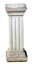 A reconstituted stone square column, on reeded support, on stepped base, 53cm high, the platform 20c