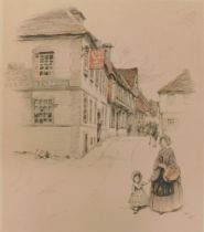 Cecil Aldin (1870-1935). Mother and daughter street scene, artist signed coloured print, 42cm x 35cm