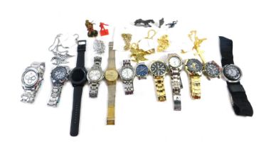 A group of costume jewellery and trinkets, to include gentleman's fashion watches, Timex, Amego, dig