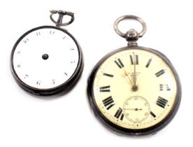 Two silver pocket watches, comprising a late 18th/early 19thC pocket watch, with white enamel numeri