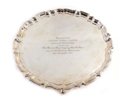 A silver plated Frank Cobb & Co Limited salver, with a piecrust border inscribed Presented to Ulceby