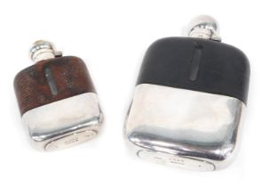 Two hip flasks, each part leather base, with a stainless steel top, one stamped JD&S Sheffield, 17cm