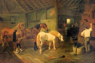 John Frederick Herring Snr (1795-1865). A forge interior with farrier and three horses, oil on canva