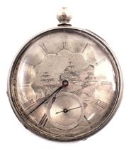 A 19thC silver cased pocket watch, of Oriental type design, with etched star Roman numeric border st