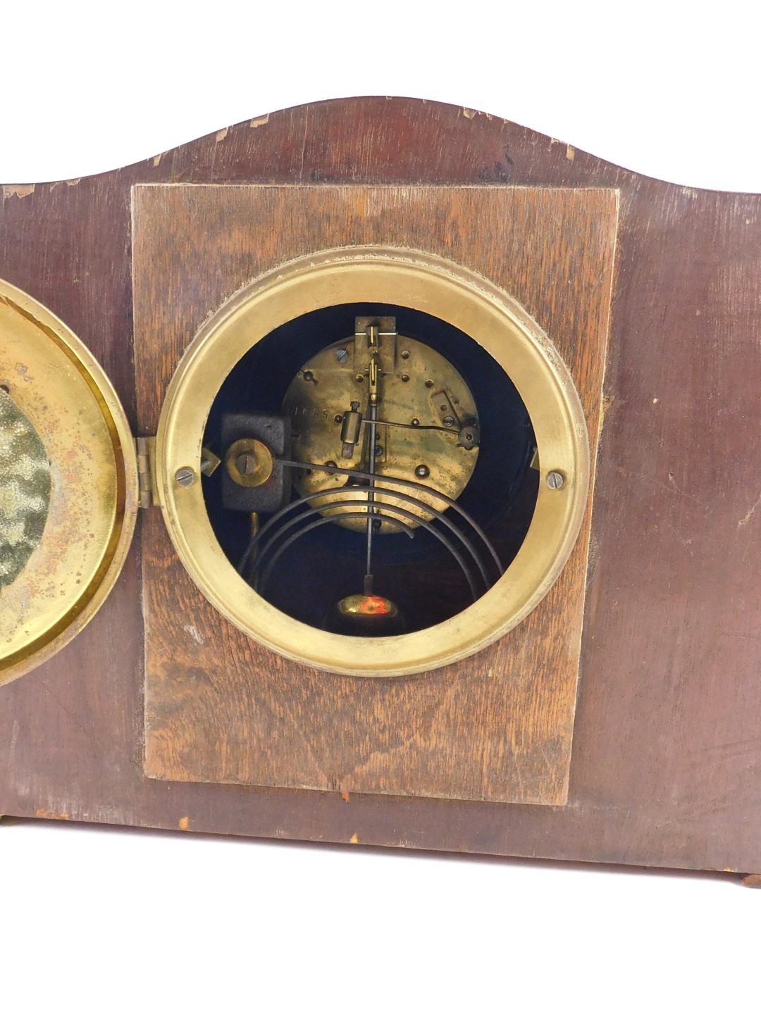 An Edwardian mahogany and chequer banded mantel clock, with a shaped top, silvered dial, on a plinth - Image 3 of 3