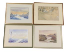 Four 20thC watercolours, comprising snowy trees, signed James, 28cm x 39cm, J Harbeton river waterco