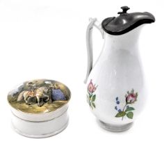 A Prattware pot lid, The Cavalier, and a Continental porcelain milk jug, with pewter top, unmarked,