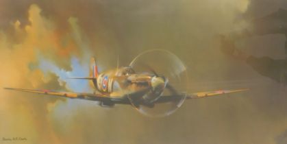 After Barry AF Clarke. Spitfire print, 45cm x 90.5cm, framed.