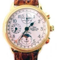 A Philippe du Bois & Fils 18ct gold cased chronograph wristwatch, on a white enamel dial with automa