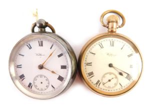 Two pocket watches, comprising a Waltham 19thC silver cased pocket watch with white enamel dial, key