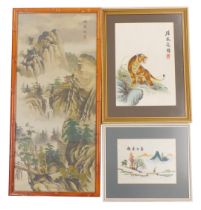 Three Oriental pictures, comprising a Chinese pine framed mountainous print, 92cm x 40cm, a silk emb