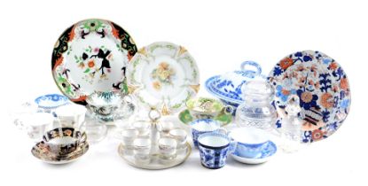 A collection of ceramics and glass, to include an ironstone plate, a 19thC porcelain egg cruet in wh