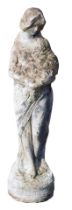 A reconstituted stone figure of a semi clad female, carrying basket of flowers, on circular foot, 84