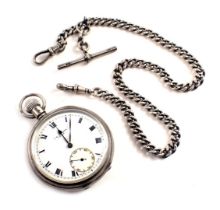 A Queen Elizabeth II silver pocket watch and chain, JW Benson of London, white enamel Roman numeric