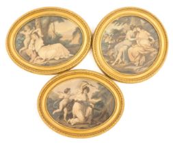 Three 19thC prints, each depicting maiden and cherubs, comprising a pair of oval 28cm x 21cm, and a