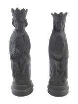 A pair of Wedgwood black Jasperware chess figures, king and queen, boxed, 14.5cm high, and 13.5cm hi