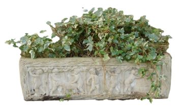 A reconstituted stone rectangular planter, with a reeded border, decorated with cherubs, lambs and b