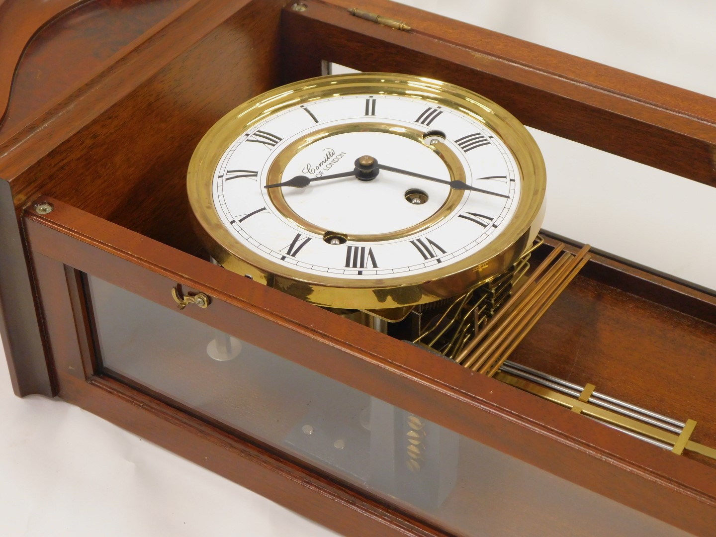 A Committee of London mahogany cased drop dial wall clock, with a white enamel Roman numeric dial, a - Image 4 of 4