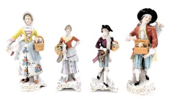 Four Continental porcelain figures, comprising a Sitzendorf figure of a lady carrying geese and bask