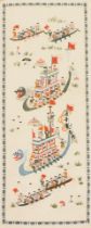 A Chinese silk embroidered panel, depicting figures in dragon gondolas, with Oriental border, 65cm x