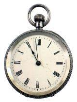 A Victorian fob watch, the heavily engraved case above a white enamel Roman numeric dial with blue h
